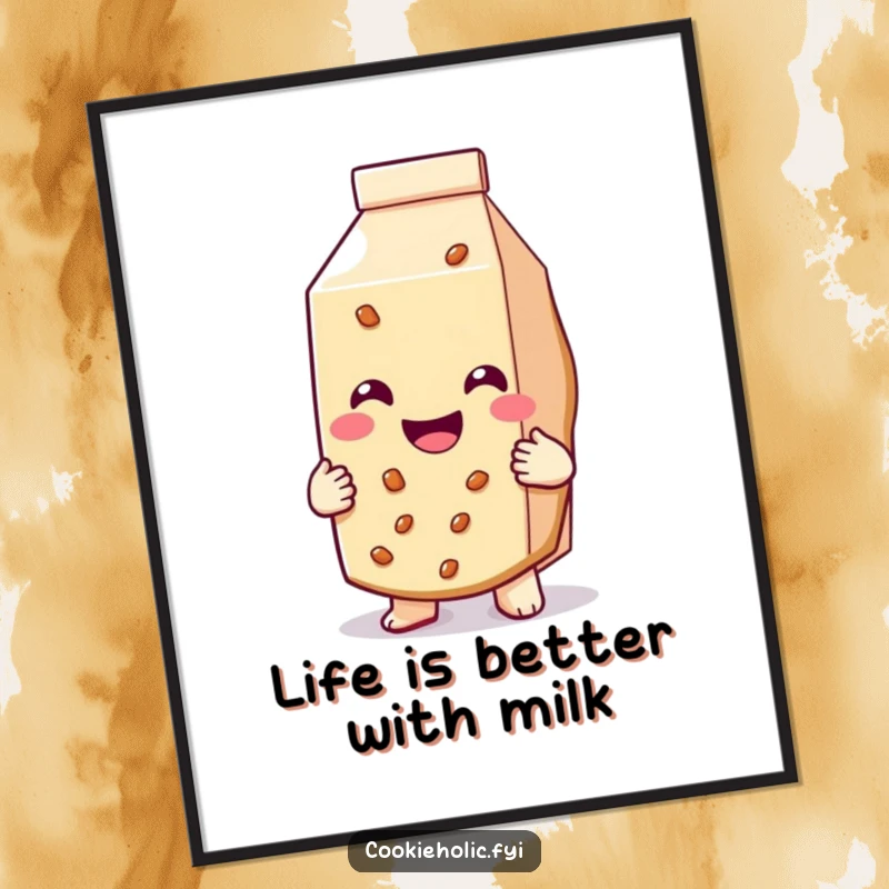 Funny free printable wall art of a cookie with a massive smile hugging a milk carton.