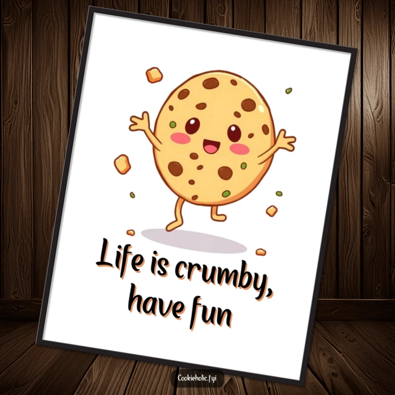 Funny Free Printable Wall Art: Cookie character dances a silly jig with animated crumbs flying in all directions.