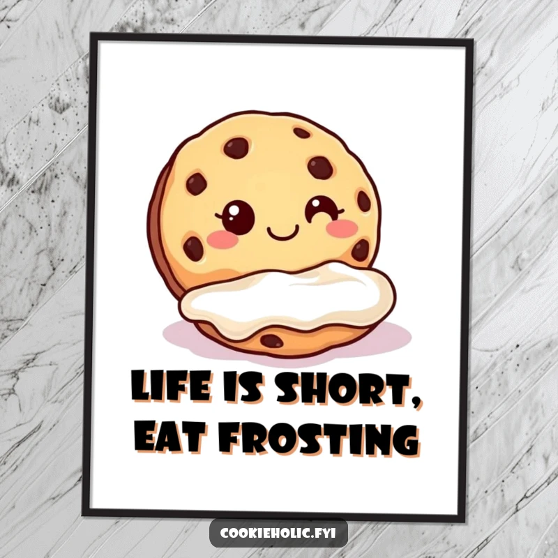 Funny Free Printable Wall Art: A cookie with an ecstatic grin diving headfirst into a dreamy pool of thick, delicious frosting.