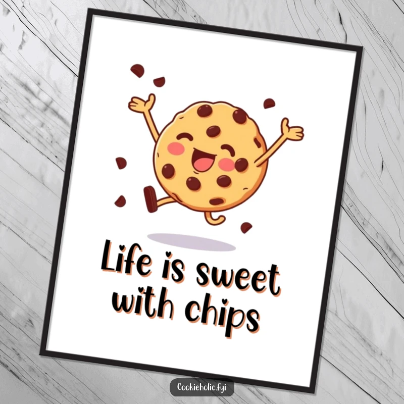 Funny free printable wall art of a cookie with many chocolate chips joyfully leaping, full of energy.