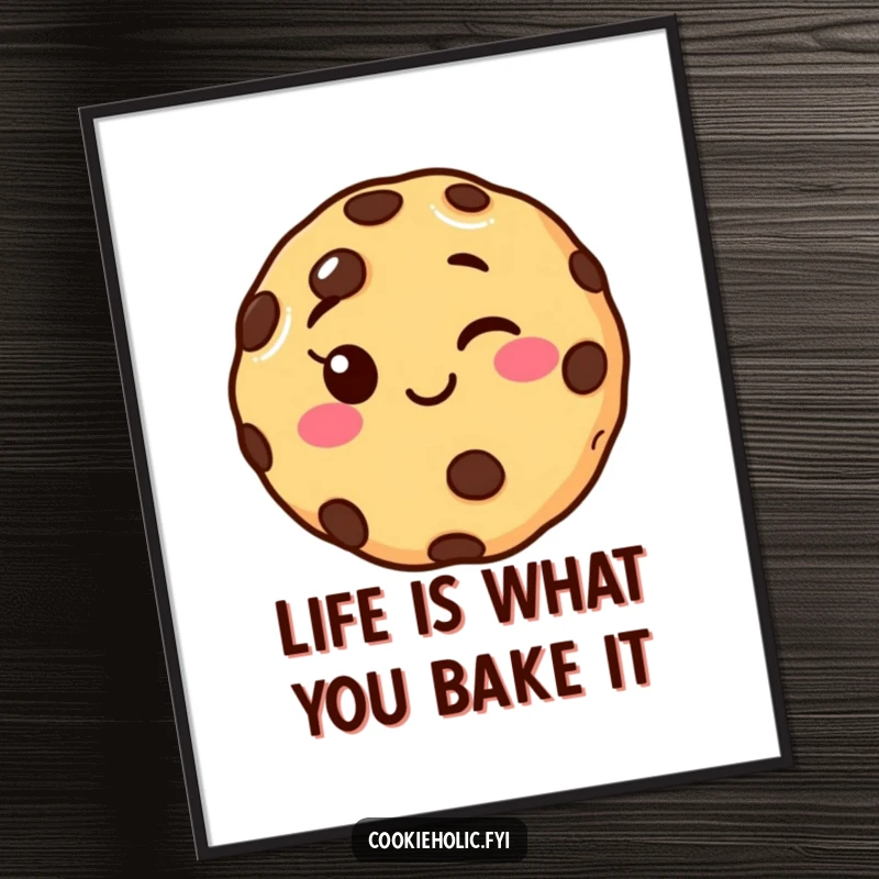 Funny Free Printable Wall Art of a Smiling Chocolate Chip Cookie Character with a Playful Wink