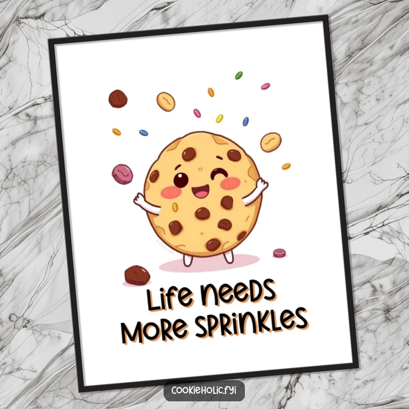 Funny Free Printable Wall Art: Giggling chocolate chip cookie masterfully juggling miniature candy sprinkles, whimsical baking art