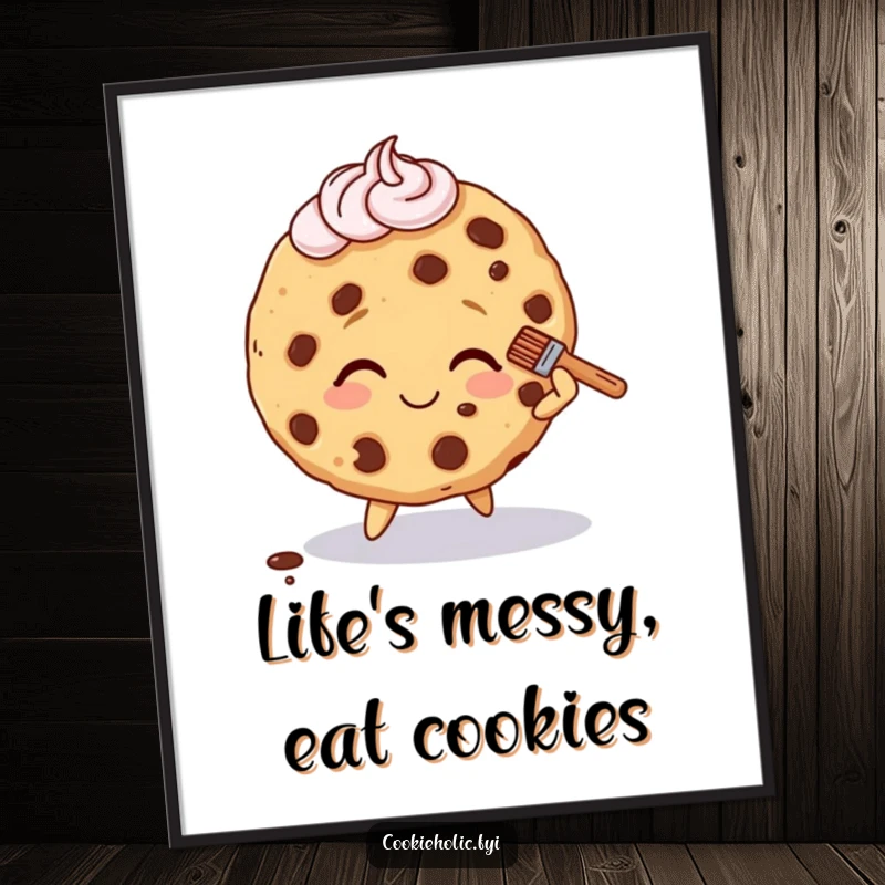 Funny Free Printable Wall Art: Cookie Character Smiling Brightly While Brushing Frosting Off After a Slight Stumble