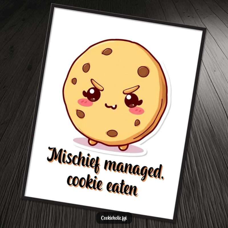 Funny Free Printable Wall Art: A kawaii cookie with a mischievous expression and a visible bite taken out.