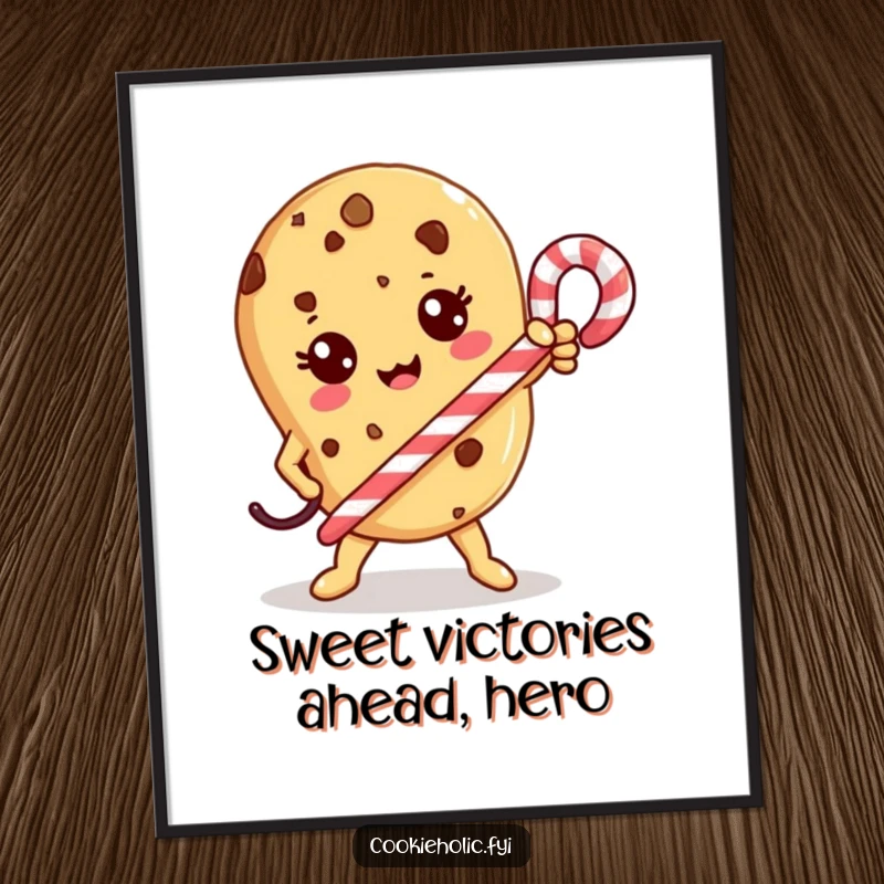 Funny Free Printable Wall Art: A determined Kawaii cookie character strikes a heroic pose, wielding a candy cane like a mighty weapon.