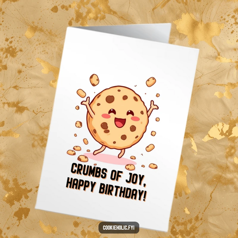 Funny Free Printable Birthday Card: A cookie joyfully dancing, scattering crumbs, spreading cheer for your special day.