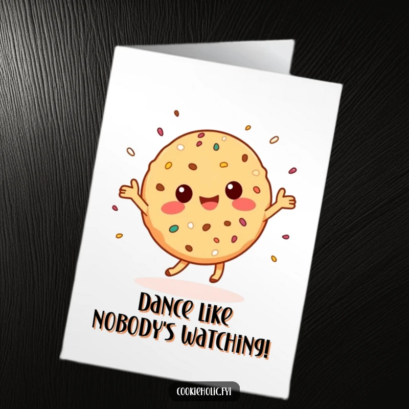Funny Free Printable Birthday Card: Kawaii cookie doing a happy dance, sprinkles flying, pure celebration.