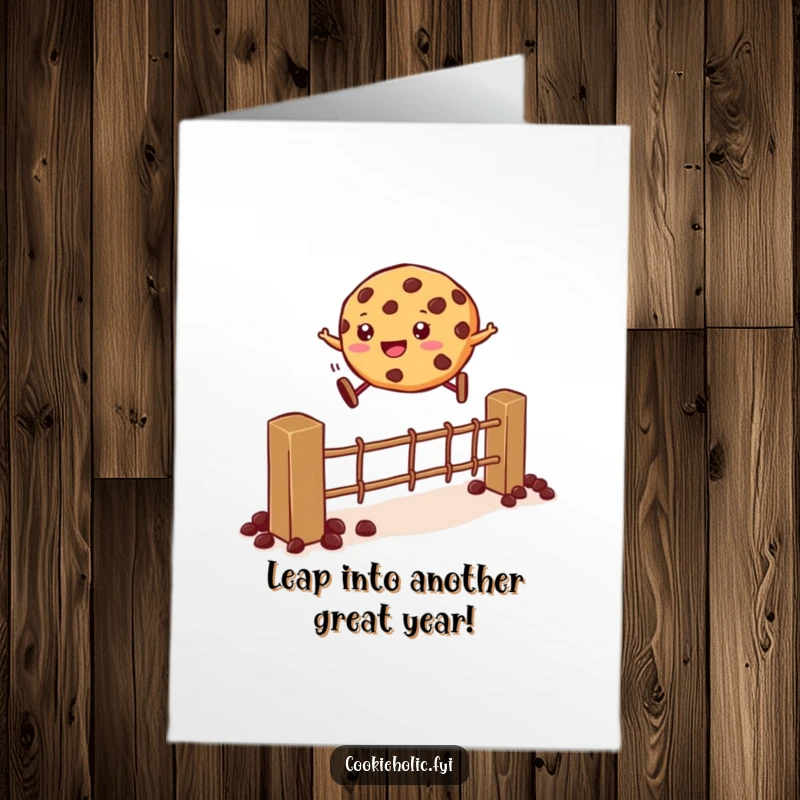 Funny Free Printable Birthday Card: A determined cookie leaping over a fence constructed entirely of chocolate chips, full of energy.