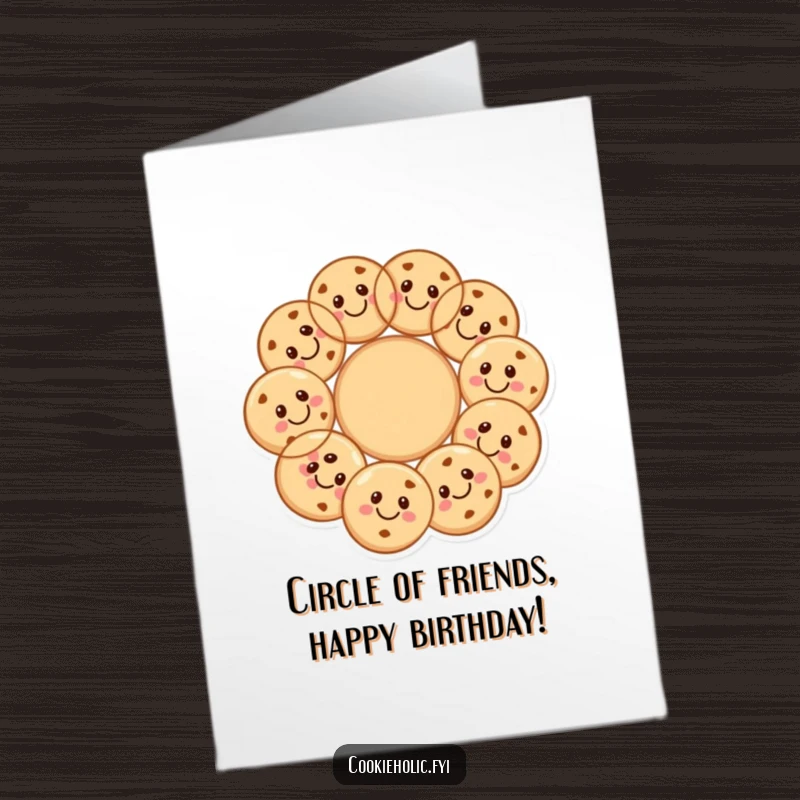 Funny Free Printable Birthday Card: A group of smiling cookies forming a cheerful, closed circle, radiating happiness.