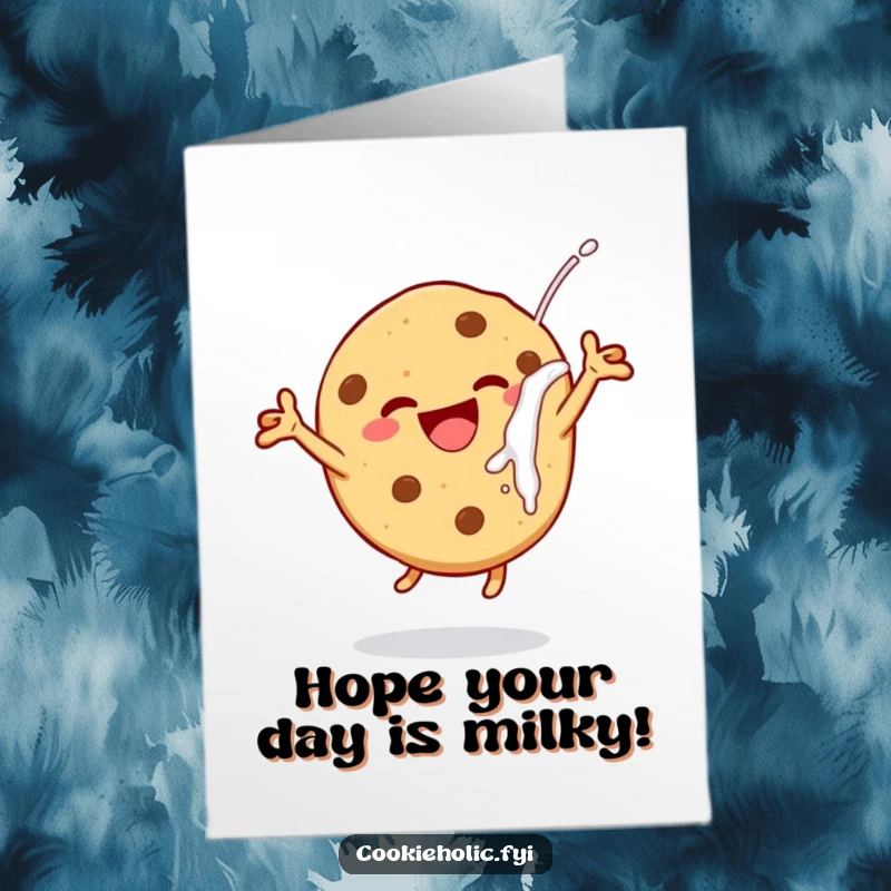 Funny Free Printable Birthday Card of a Cheerful Cookie Leaping with Delight After Dunking in Milk