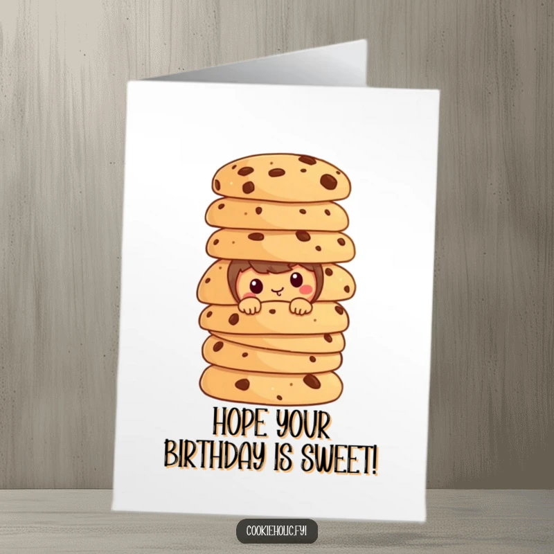Funny Free Printable Birthday Card: A cookie character peeks playfully from behind a huge stack of cookies.