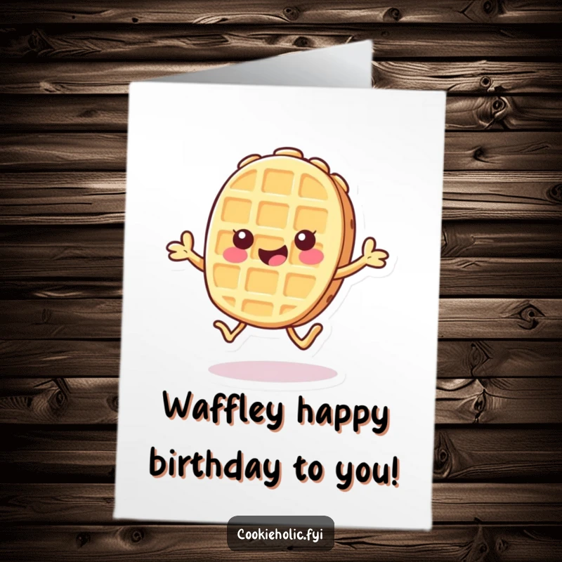 Funny Free Printable birthday card with a cute Kawaii waffle character mid-hop, radiating pure joy and excitement.