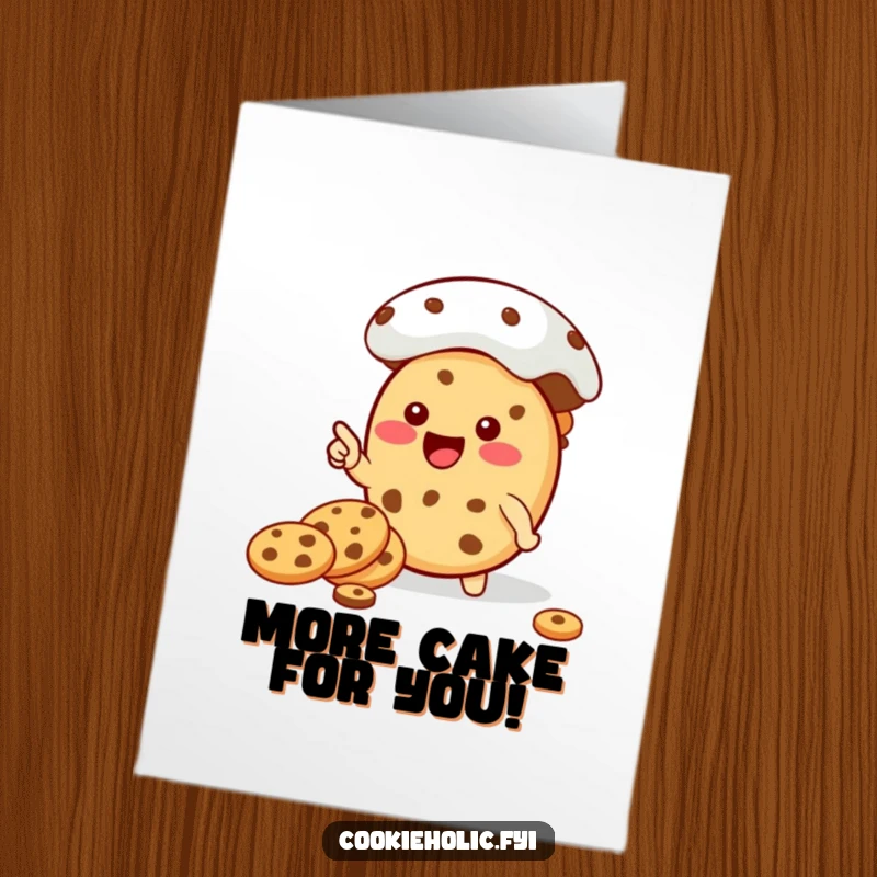 Funny free printable birthday card of a kawaii cookie character happily pointing towards a huge, overflowing cookie jar.