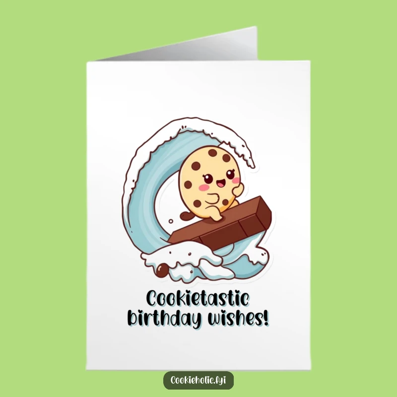 Free Printable Birthday Card: Kawaii Cookie Rides Chocolate Wave - Funny Downloadable Gift