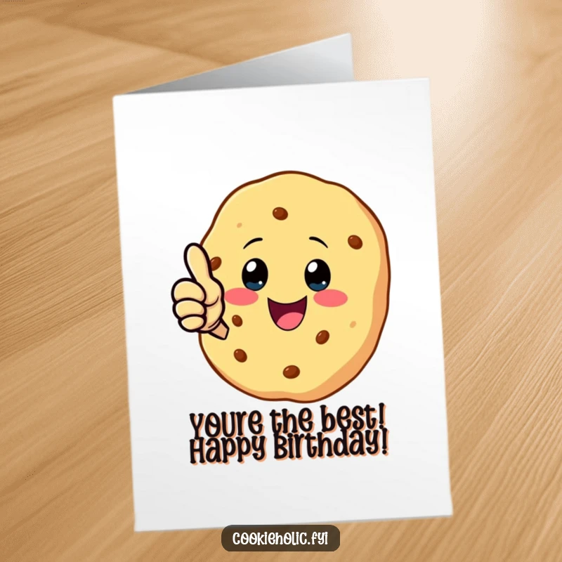 Funny Free Printable Birthday Card: Kawaii cookie giving a big, cheerful thumbs-up in celebration.