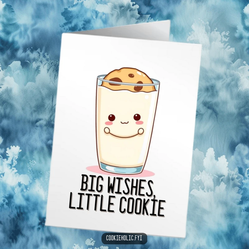 Funny Free Printable Birthday Card: A mischievous cookie with a sly grin peeking from behind a giant glass of milk.