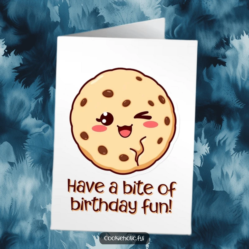 Funny free printable birthday card shows a cookie with a bite missing, giving a charming wink.