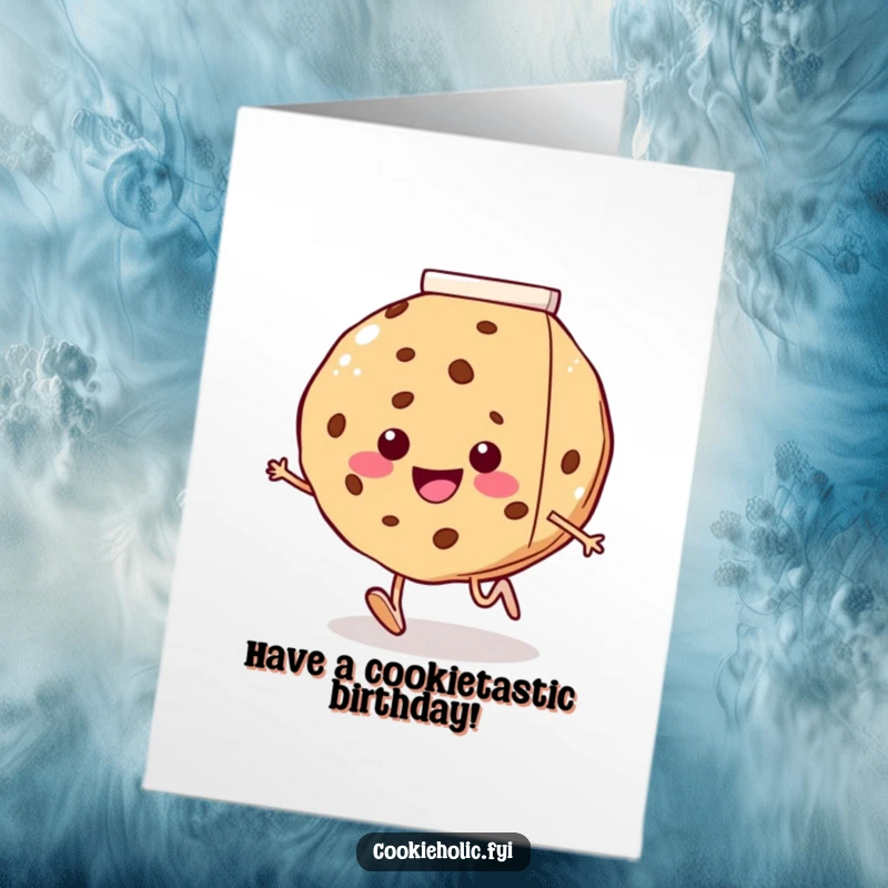 Funny Free Printable Birthday Card: Smiling cookie with little legs running ecstatically towards a giant milk carton, sweet celebration
