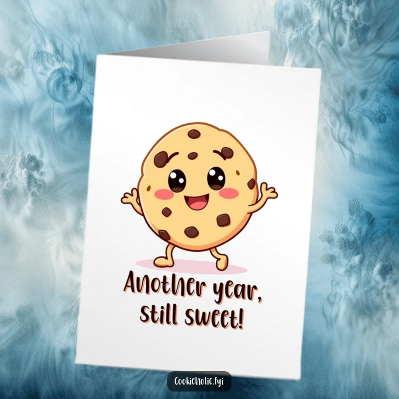 Funny Free Printable Birthday Card: Smiling cookie character joyfully dancing with chocolate chip eyes, celebrating a special day.