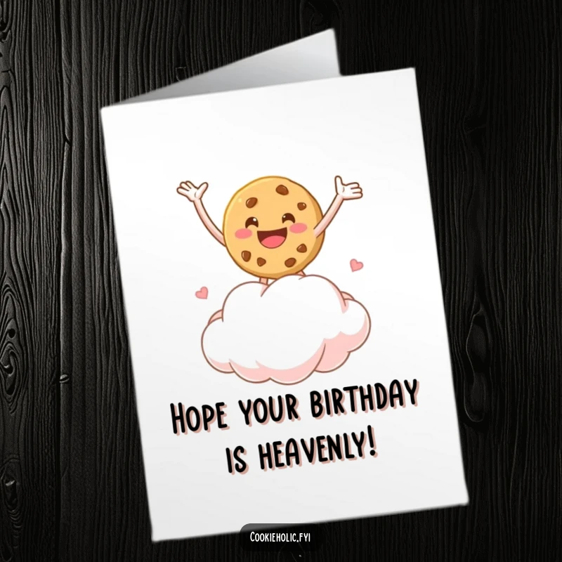 Funny Free Printable Birthday Card: Cookie character joyfully bouncing on a marshmallow cloud with arms outstretched, a delightful DIY.