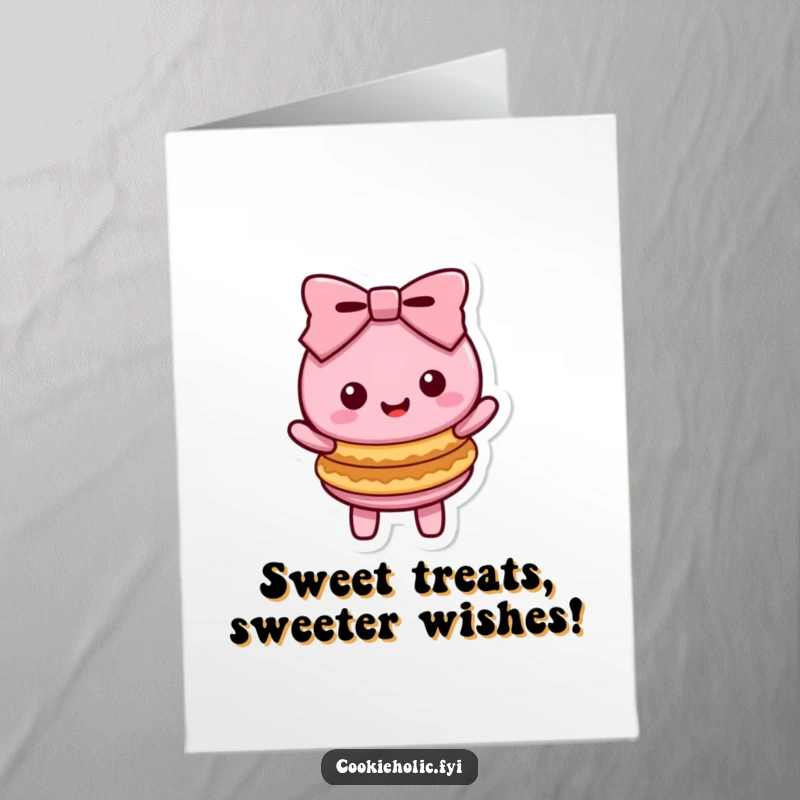 Funny Free Printable Birthday Card featuring a cute Kawaii macaron character doing a happy bow with stacked cookies.