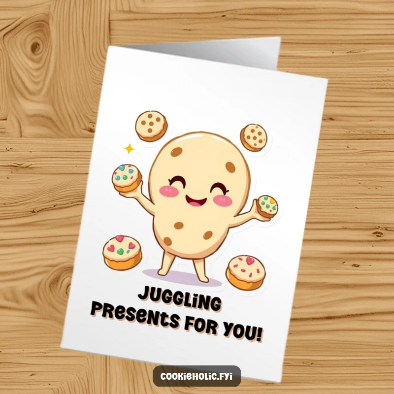Funny Free Printable Birthday Card: Smiling cookie character juggling three smaller, decorated cookies, a delightful gift.
