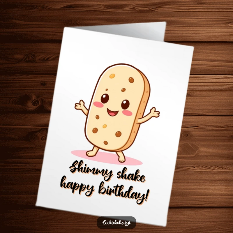 Funny Free Printable birthday card with a cute Kawaii wafer cookie character smiling and doing a happy little shimmy.
