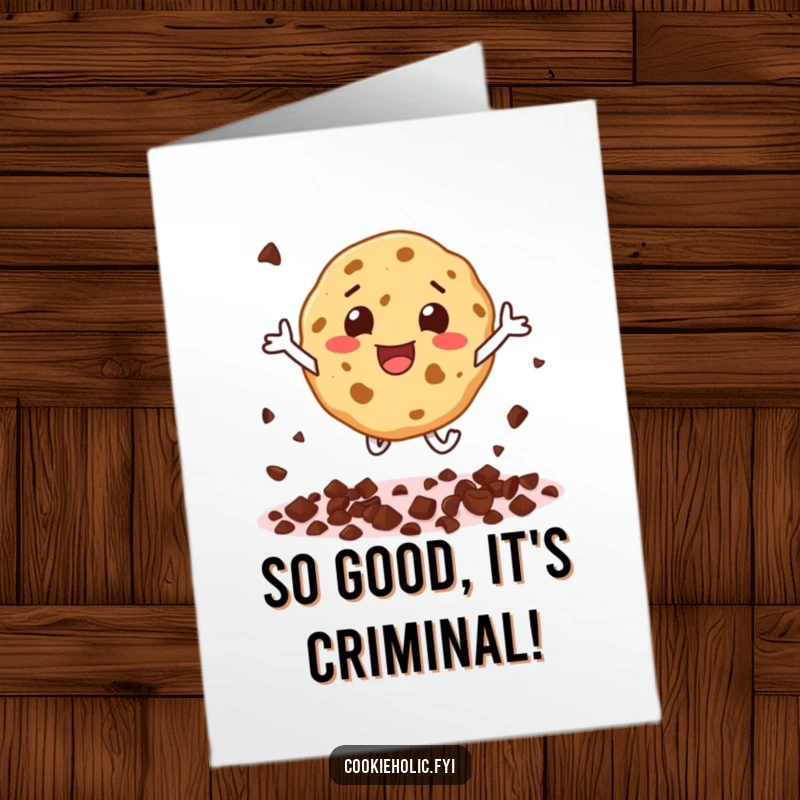 Funny Free Printable Birthday Card: Joyful Cookie Character Leaping High, Scattering Chocolate Chips in Excitement