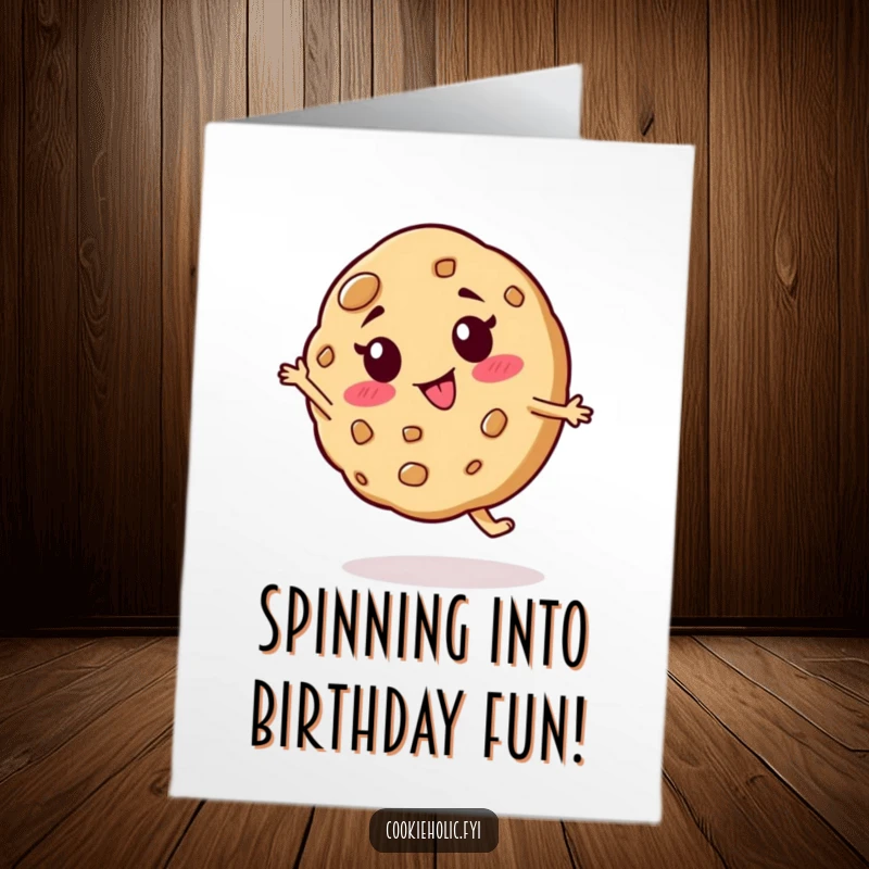 Funny Free Printable Birthday Card showing a cookie character with a goofy expression gleefully doing a silly, energetic spin.