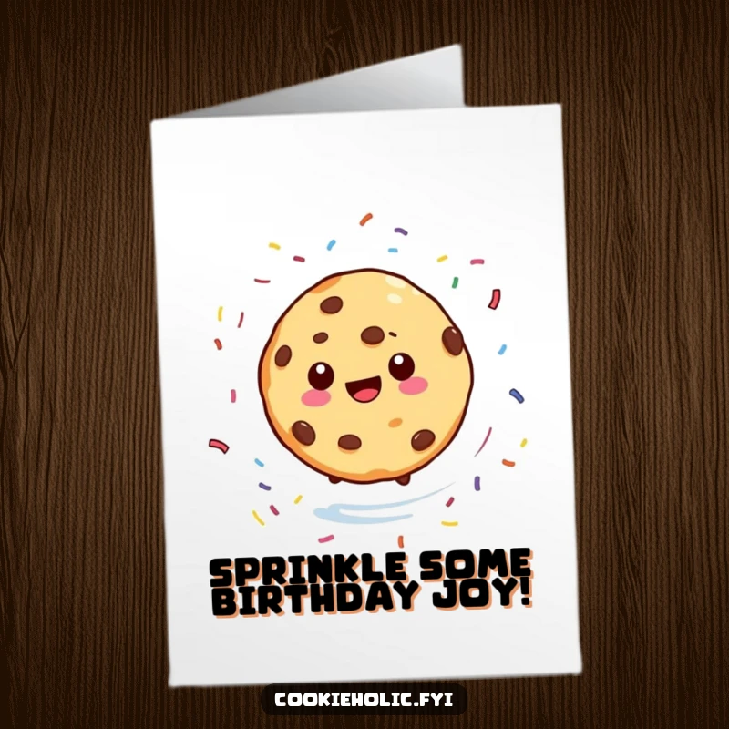 Funny Free Printable Birthday Card showing a happy cookie character spinning with sprinkles scattering, ideal for gifting.