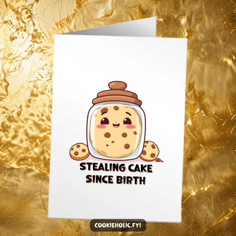 Funny Free Printable Birthday Card featuring a cookie peeking slyly from a cookie jar, ready for mischief and laughs.