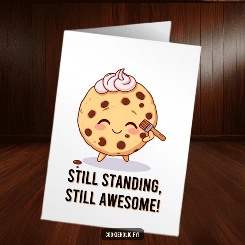 Funny Free Printable Birthday Card: Smiling Cookie Character Tripping Lightly, Brushing Frosting Off with a Grin