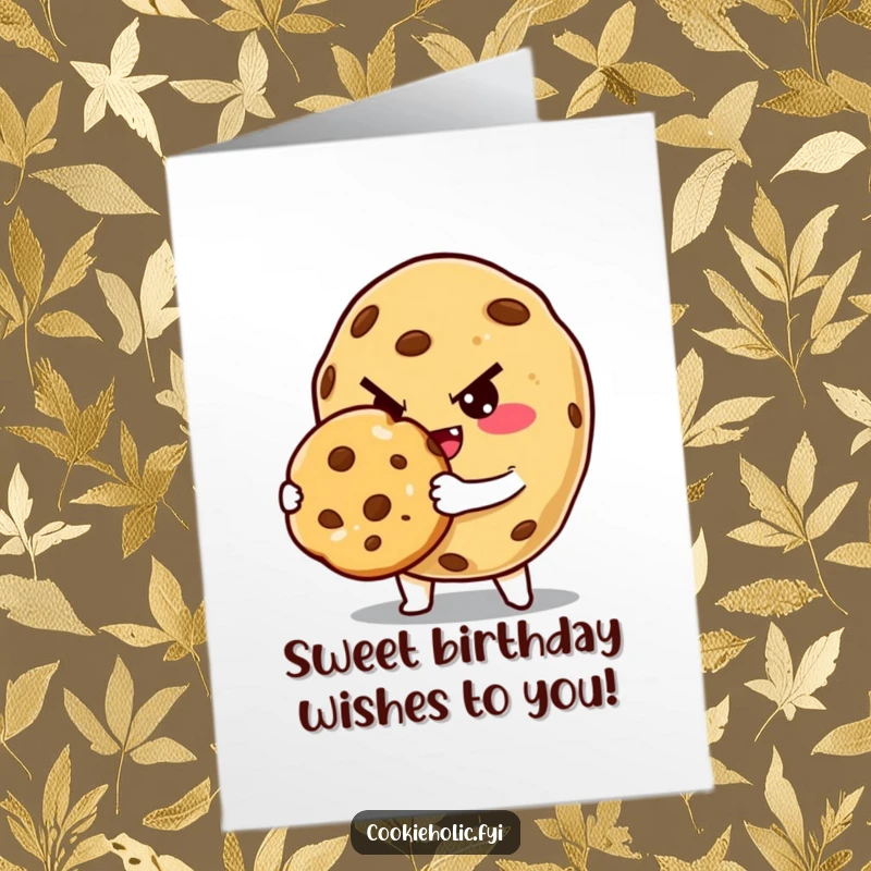 Funny Free Printable Birthday Card: Mischievous cookie character winks while offering a perfectly baked, tempting cookie.