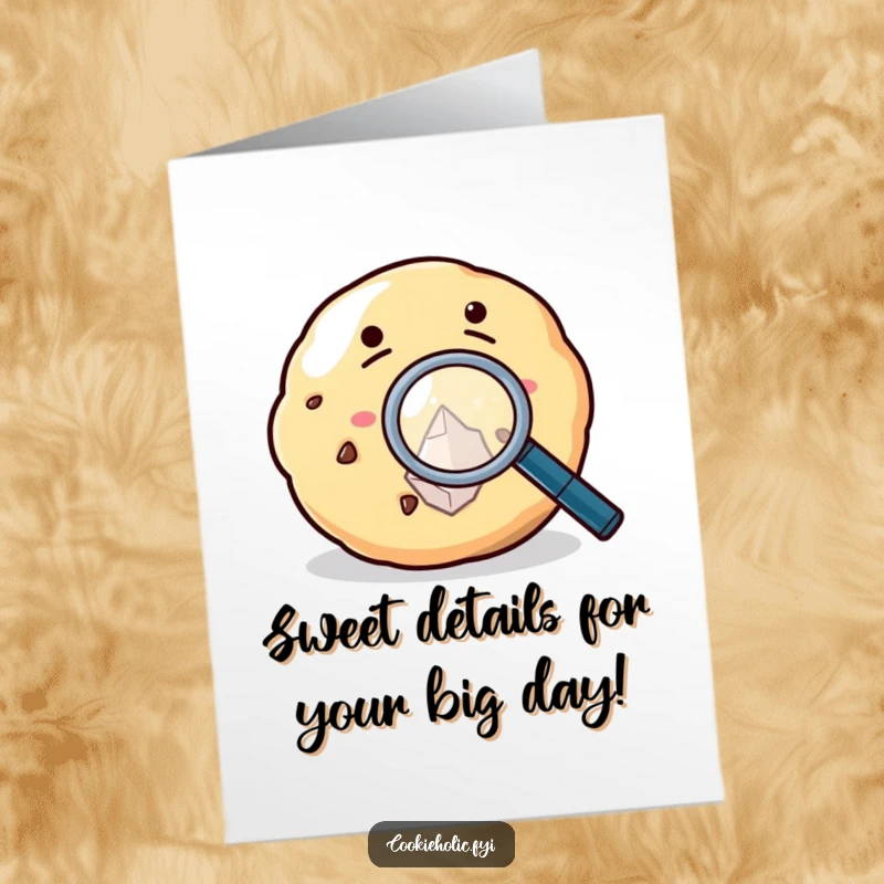Funny Free Printable Birthday Card showing a cookie character using a magnifying glass to intensely inspect a single sugar crystal.