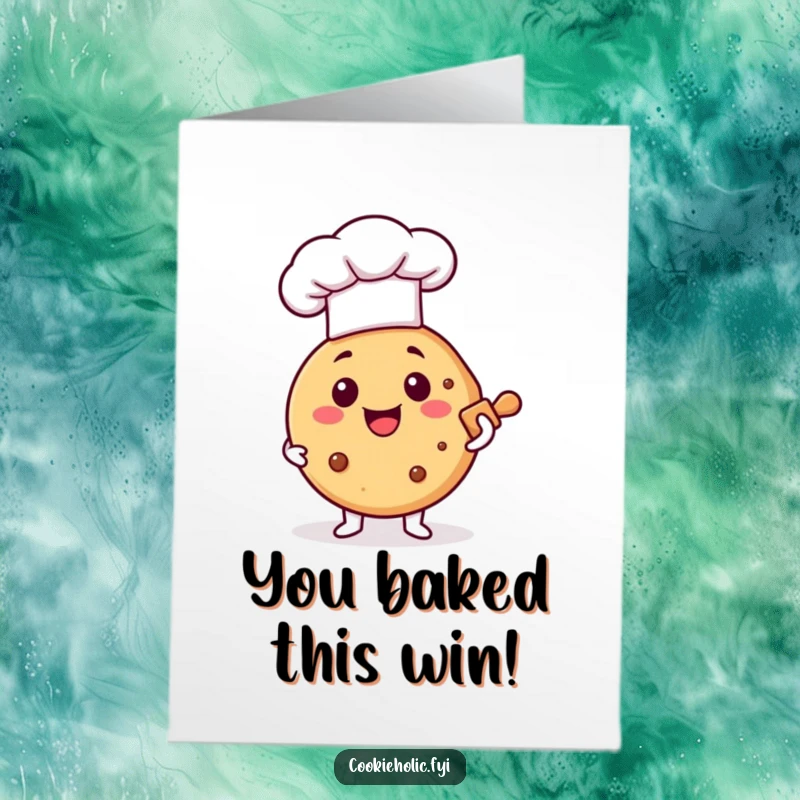 Funny Free Printable Congrats Card: Happy cookie wearing a chef hat holds a rolling pin, celebrating a perfectly baked accomplishment.