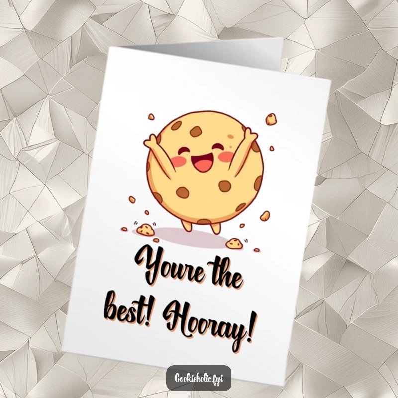 Funny Free Printable Congrats Card: Round cookie character doing a happy somersault with crumbs flying, a unique gift.
