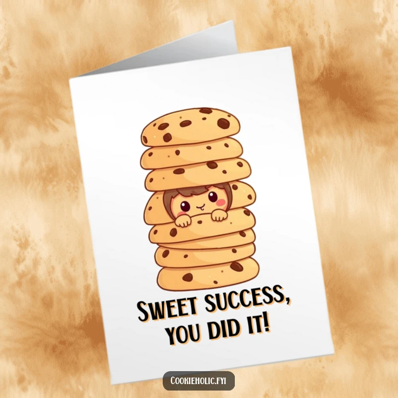 Funny Free Printable Congrats Card: A cookie character peeks from a towering stack of cookies, celebrating.