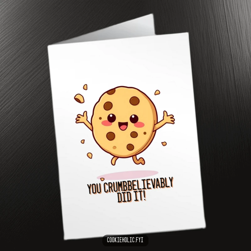 Funny free printable congratulations card showing a cookie character doing a happy dance with crumbs flying, celebrating success.