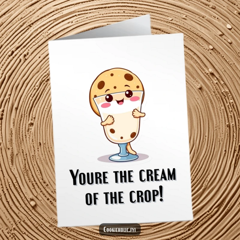 Funny Free Printable Congrats Card: Joyful kawaii cookie character doing a happy dance around milk, celebrating a wonderful success.