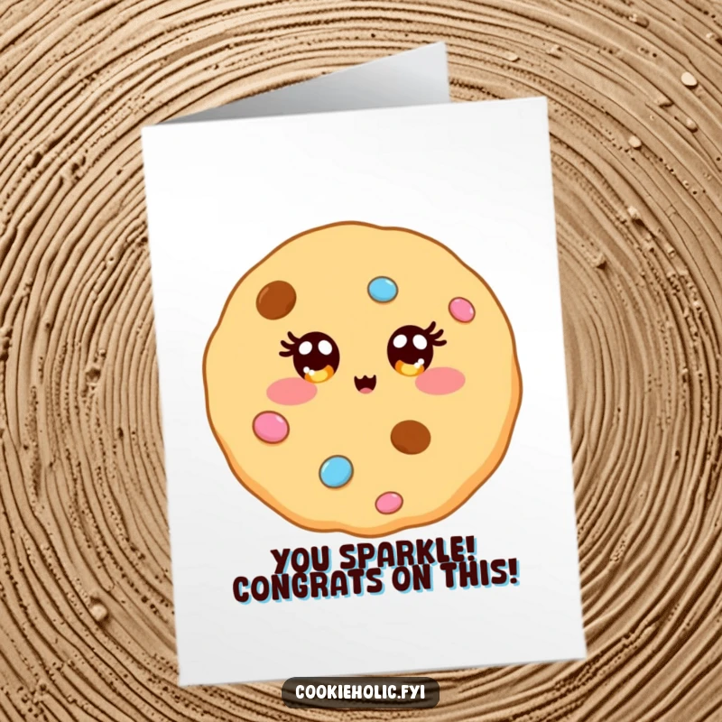 Funny Free Printable Congratulations Card: Kawaii cookie with eyes twinkling like colorful, shiny candy.