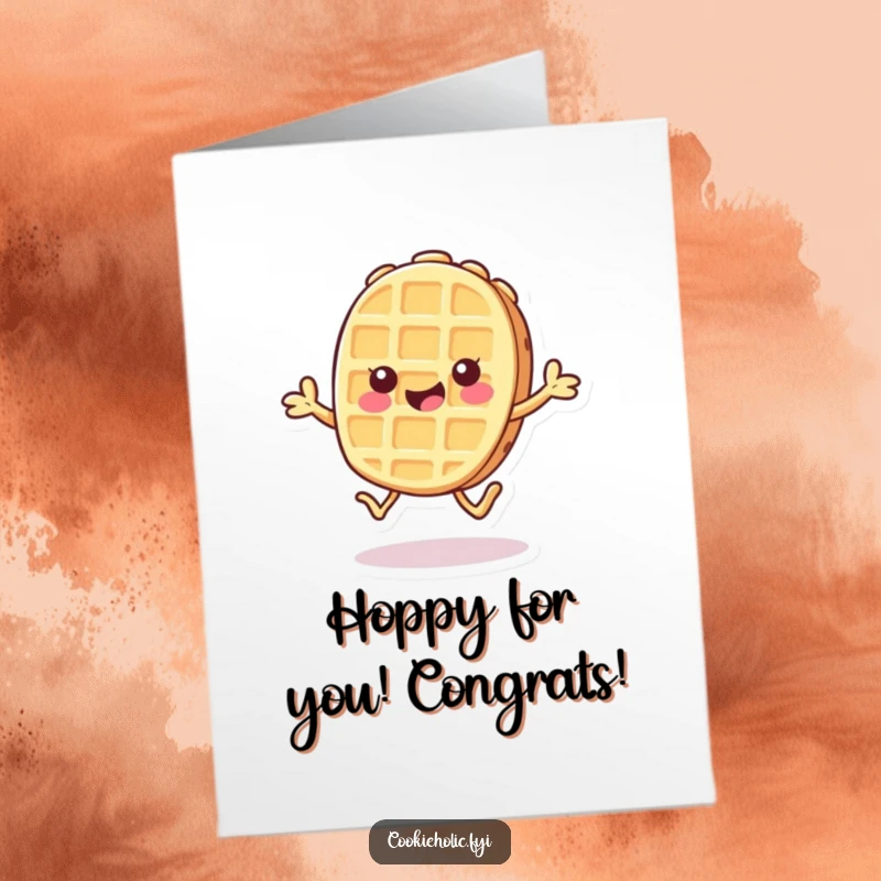 Funny Free Printable congratulations card showing a Kawaii waffle character energetically hopping with a big smile.