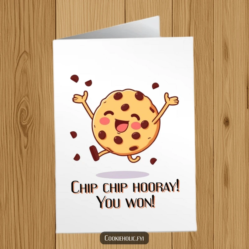 Funny free printable congratulations card of a cookie with chocolate chips joyfully leaping, celebrating milestones.