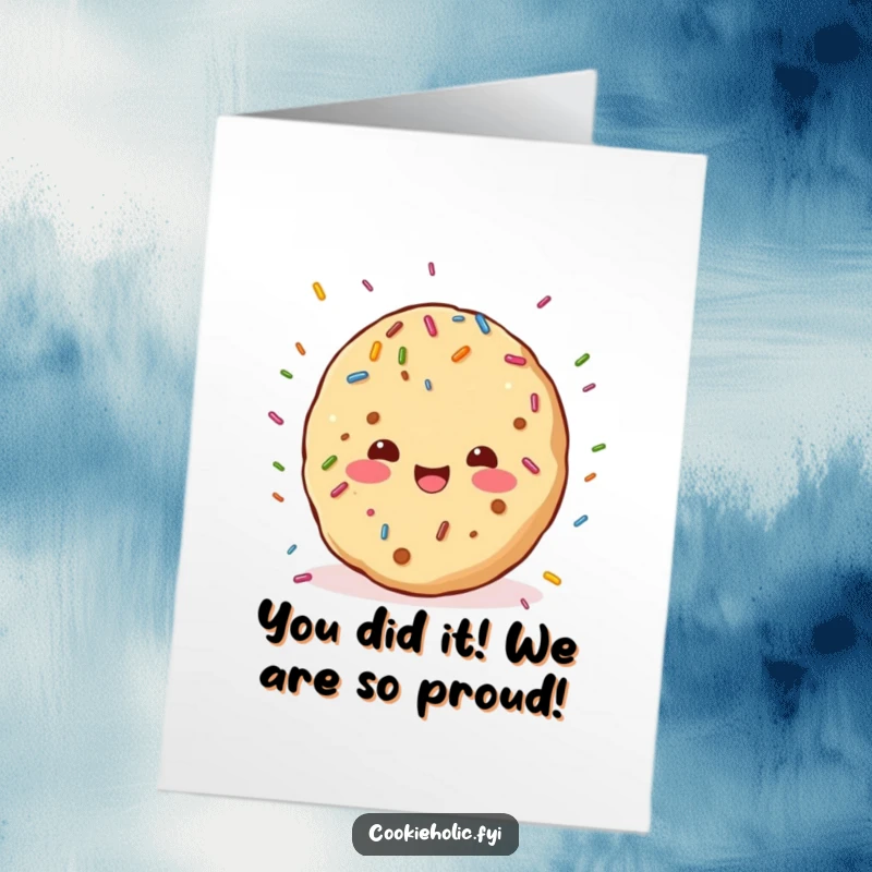 Funny Free Printable Congratulations Card: A kawaii cookie joyfully showers colorful sprinkles for an exciting win.