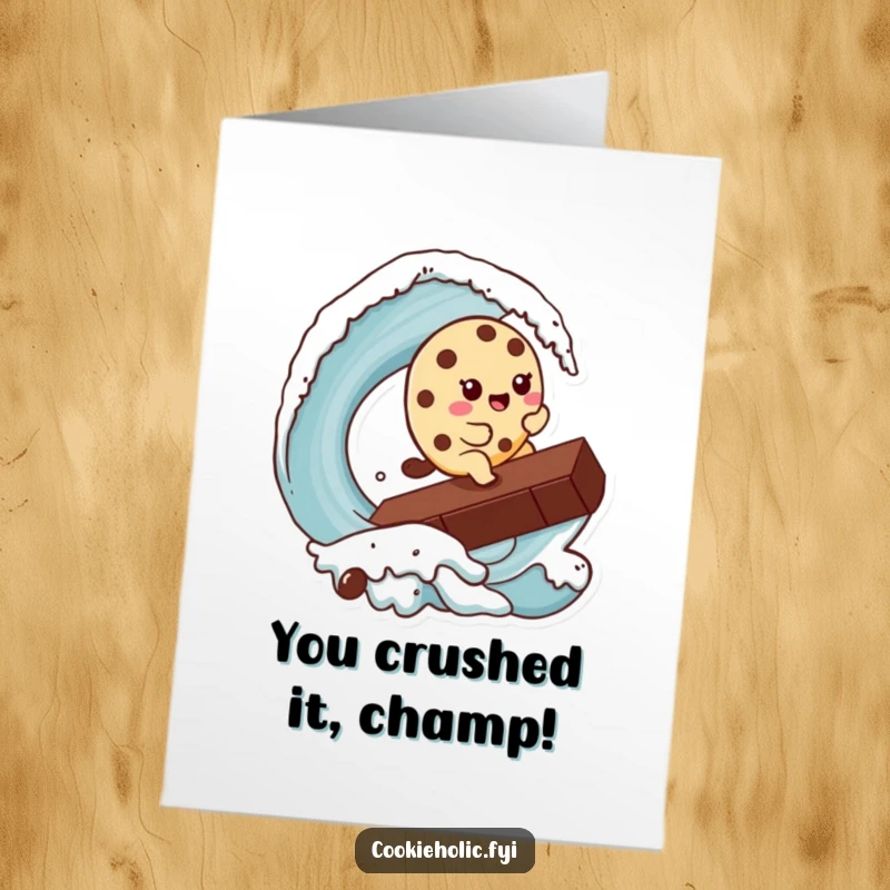 Funny free printable congratulations card featuring a kawaii cookie character expertly surfing a giant chocolate chip like a massive wave.