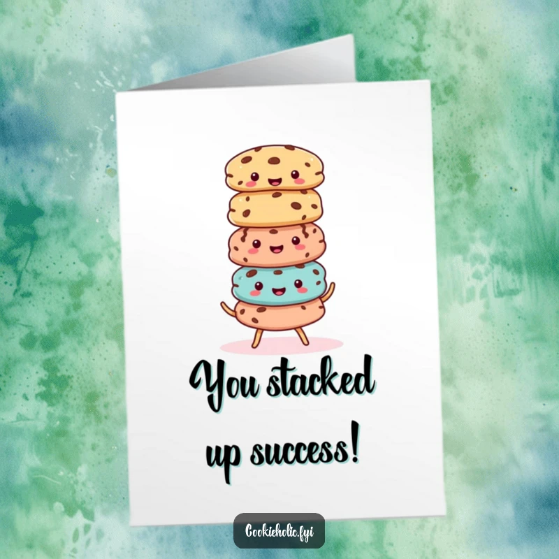 Funny Free Printable Congratulations Card with a Stack of Adorable Kawaii Cookies Balancing Joyfully