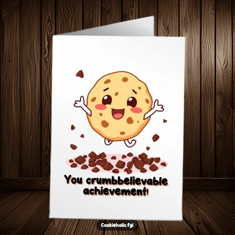 Funny Free Printable Congratulations Card: Elated Cookie Character Leaping with Chocolate Chips Flying Everywhere