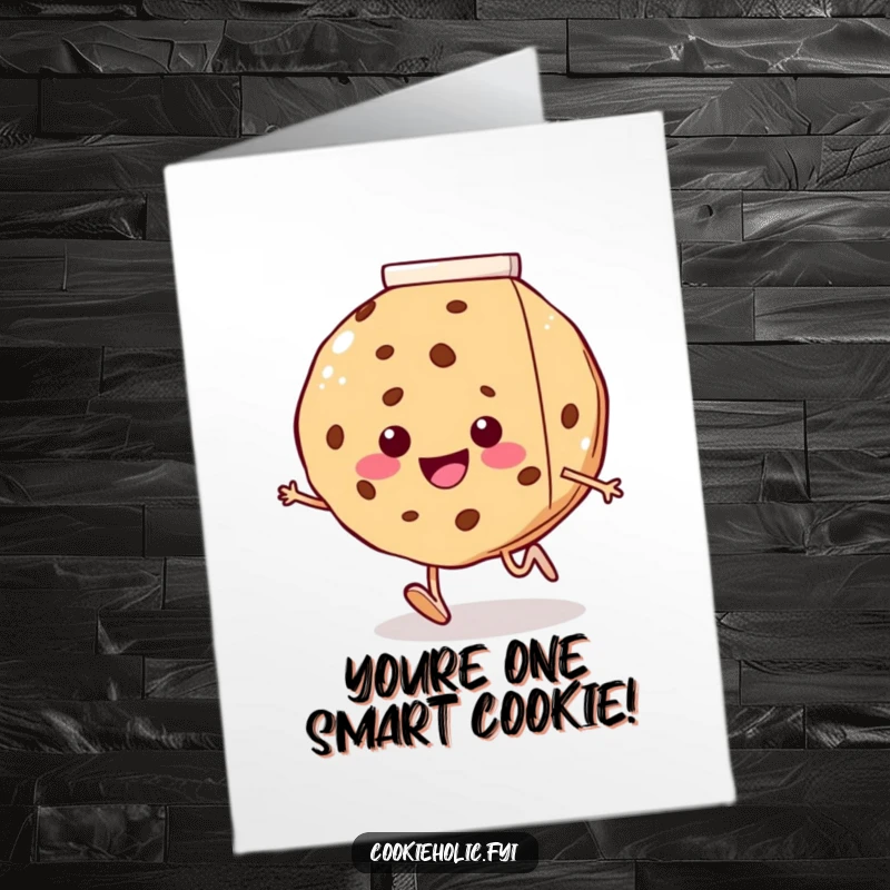 Funny Free Printable Congratulations Card: Happy cookie with tiny legs running joyfully towards a huge milk carton, celebrating success