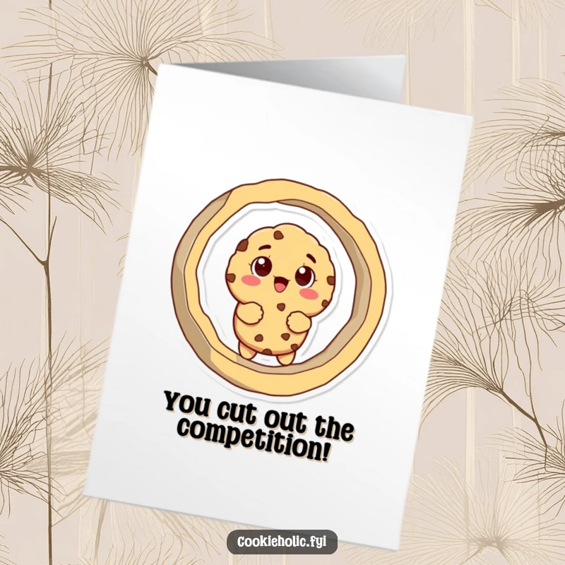 Funny Free Printable Congratulations Card: Amused cookie character stuck in a large cookie cutter, a humorous DIY celebration.