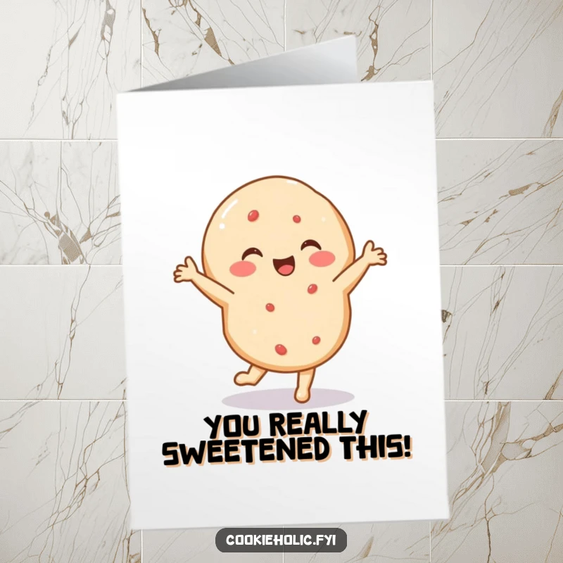 Funny Free Printable Congratulations Card: Delighted sugar cookie performing an energetic, tiny dance, celebrating achievement
