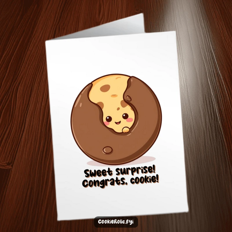 Funny Free Printable Congratulations Card: a shy cookie with a small smile peeking from behind a massive chocolate chip.